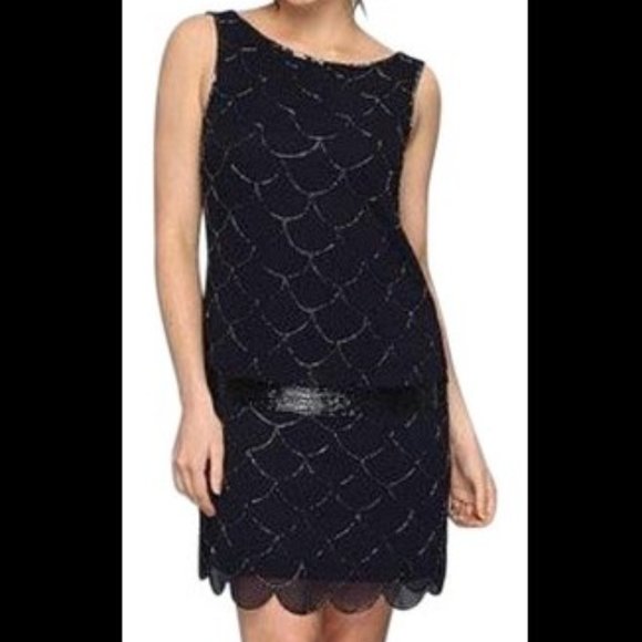 Adrianna Papell Navy Drop Waist Sleeveless Beaded Dress_Size 14 - Picture 1 of 16